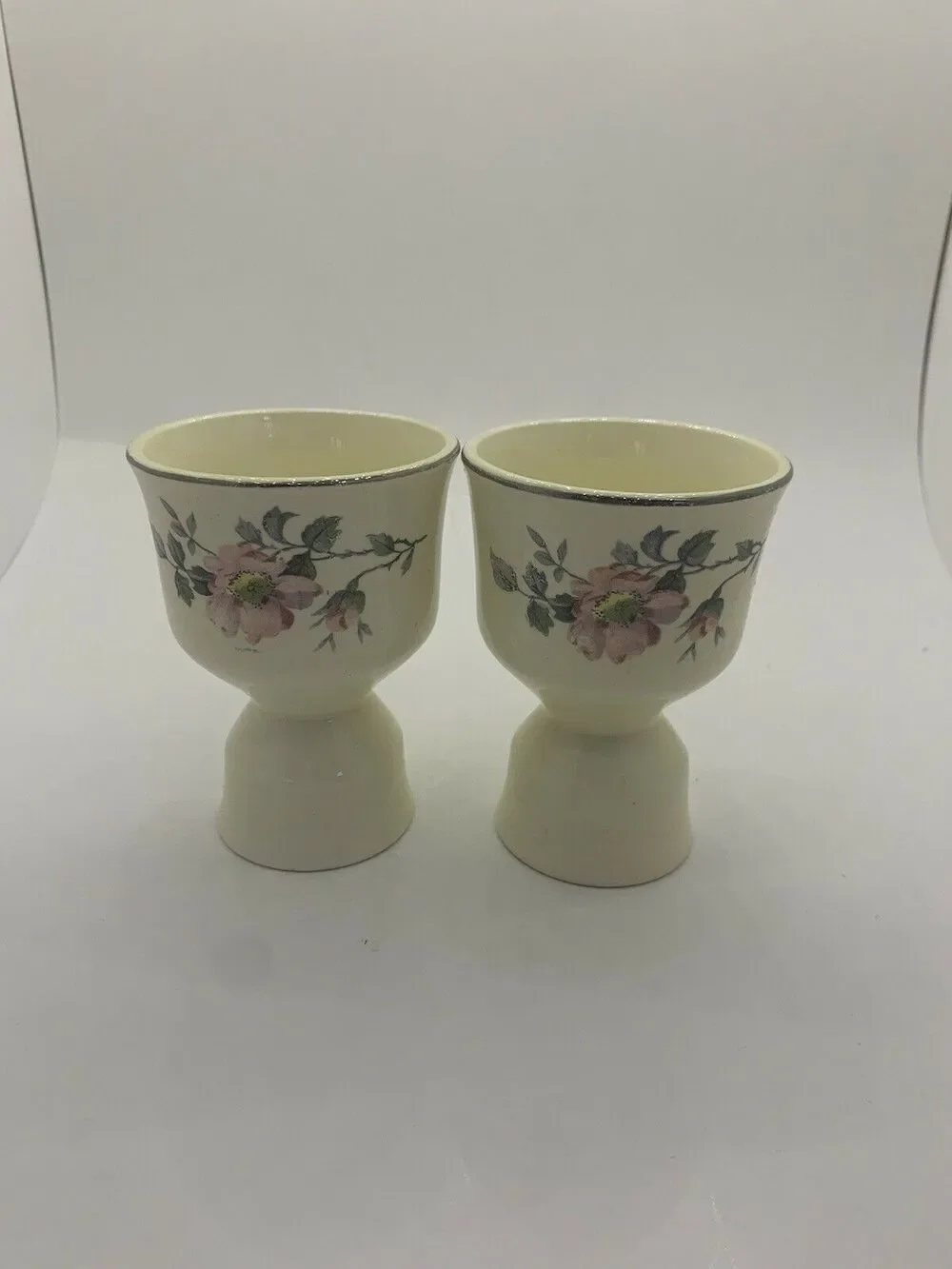 ✨ Vintage Cream Ceramic Floral Egg Cups w/ Silver Rim - Set of 2 ✨